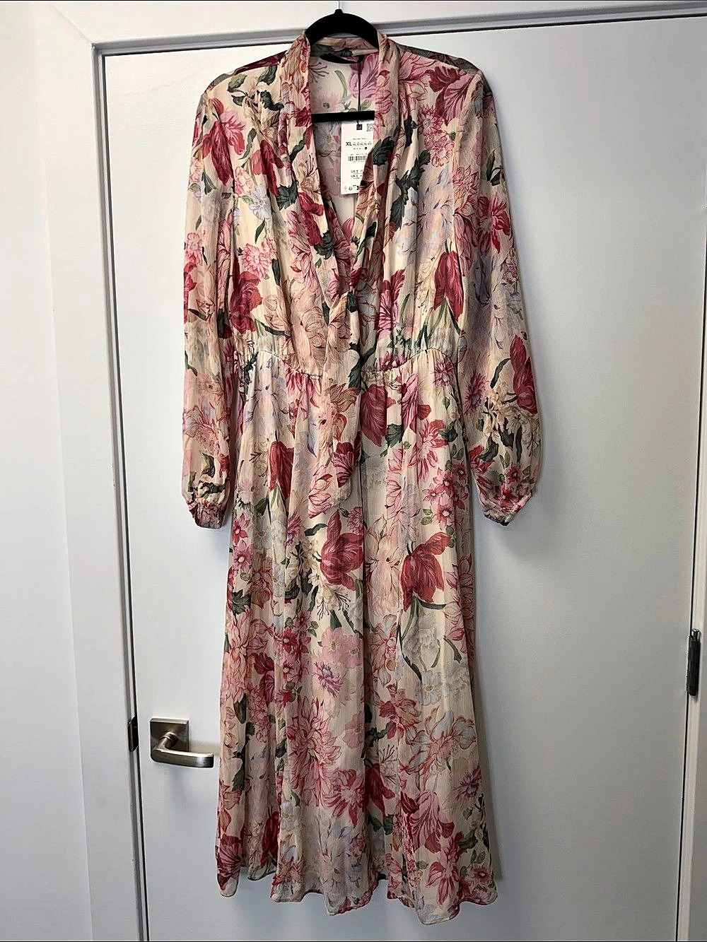 Zara women’s Belted Floral Print Midi Dress Pink & Cream Size XL NWT